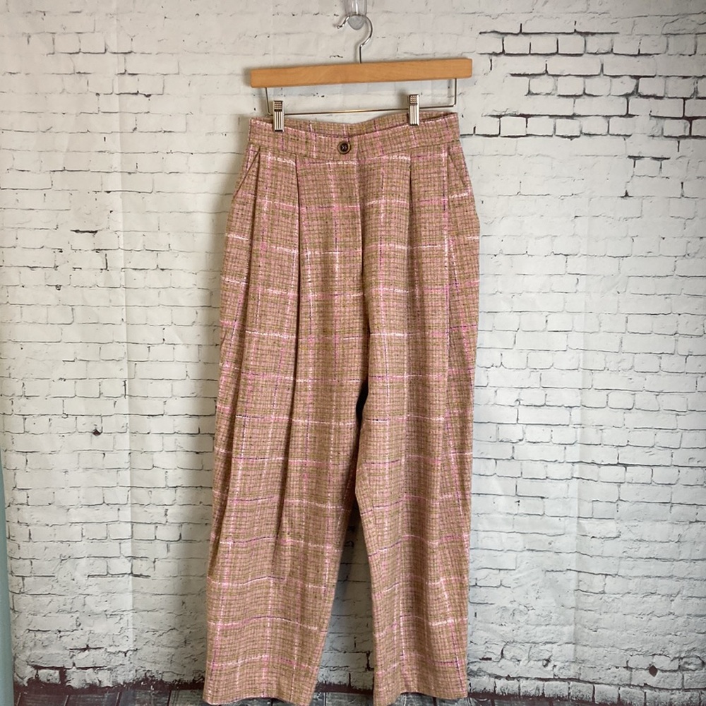 Natasha Zinko Pleated High Waist Pink Plaid Wool Blend Trousers - Picture 15 of 15